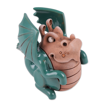 Keramikfigur - Handgefertigte Drachenfigur aus grüner und palisanderfarbener Keramik