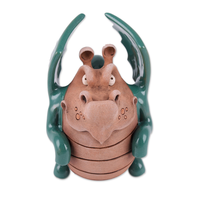 Keramikfigur - Handgefertigte Drachenfigur aus grüner und palisanderfarbener Keramik
