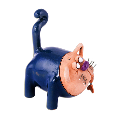 Ceramic figurine, 'Feline Mischief in Blue' - Handcrafted Blue Ceramic Figurine of Cat and Fish