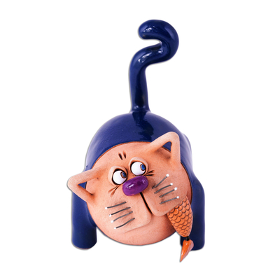 estatuilla de ceramica - Figura artesanal de ceramica azul de gato y pez