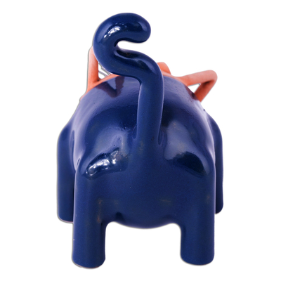 Ceramic figurine, 'Feline Mischief in Blue' - Handcrafted Blue Ceramic Figurine of Cat and Fish