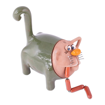 Ceramic figurine, 'Feline Mischief in Green' - Handcrafted Green Ceramic Figurine of Cat and Sausages