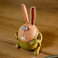 Ceramic figurine, 'Olive Hops' - Handcrafted Olive and Brown Ceramic Bunny Figurine