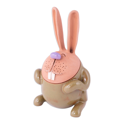Ceramic figurine, 'Olive Hops' - Handcrafted Olive and Brown Ceramic Bunny Figurine