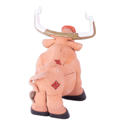 Ceramic figurine, 'Autumn Bull' - Leafy Ceramic Bull Figurine Handcrafted in Uzbekistan