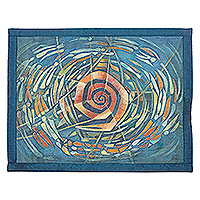 Cotton and silk wall hanging, 'Deep Space' - Hand-Painted Geometric Wall Hanging in Blue and Orange