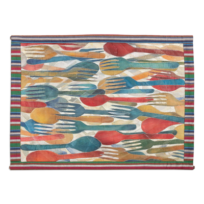 Cotton and silk wall hanging, 'Forks and Spoons' - Hand-Painted Whimsical Multicolour Wall Hanging