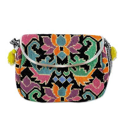 Iroki embroidered sling bag, 'Trendy Beauty' -  Sling Bag with Uzbek Style Floral Hand Embroidery