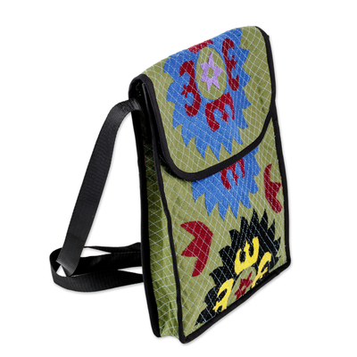 Suzani embroidery tablet bag, 'Chic Patterns' - Uzbek Cotton Blend Tablet Bag with Suzani Hand Embroidery