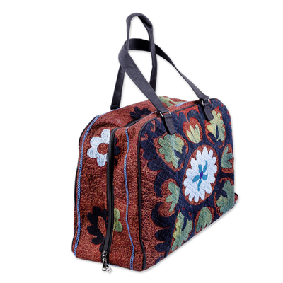Suzani embroidered travel bag, 'Creating Memories' - Cotton Blend Travel Bag with Suzani Floral Hand Embroidery