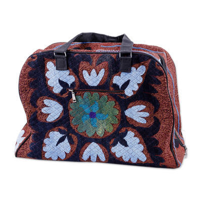 Suzani embroidered travel bag, 'Creating Memories' - Cotton Blend Travel Bag with Suzani Floral Hand Embroidery