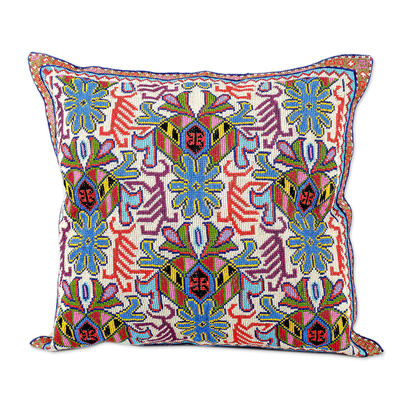 Iroki embroidered cushion cover, 'Garden Symphony' - Cross Stitch Floral Cushion Cover from Uzbekistan