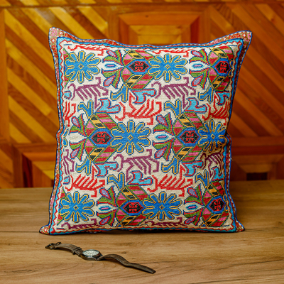 Iroki embroidered cushion cover, 'Garden Symphony' - Cross Stitch Floral Cushion Cover from Uzbekistan