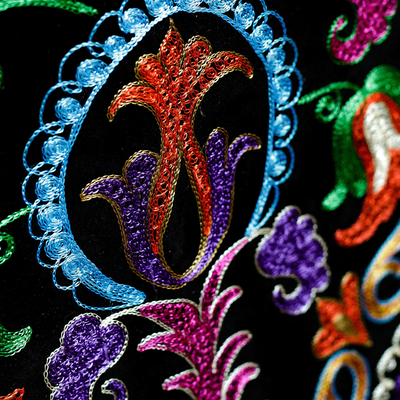 Suzani embroidered tapestry, 'Stylish Flora' - Cotton Blend Floral Tapestry with Suzani Hand Embroidery