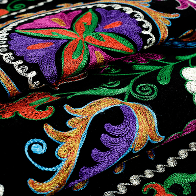 Suzani embroidered tapestry, 'Stylish Flora' - Cotton Blend Floral Tapestry with Suzani Hand Embroidery