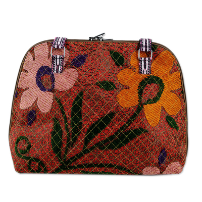 Suzani embroidered bowling bag, 'colourful Garden' - Floral-Themed Suzani Embroidered Cotton and Silk Bowling Bag