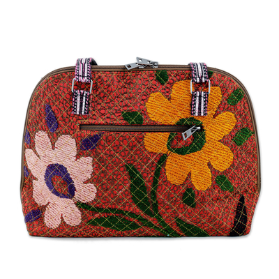 Suzani embroidered bowling bag, 'Colorful Garden' - Floral-Themed Suzani Embroidered Cotton and Silk Bowling Bag