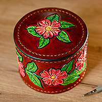 Leather decorative box, 'Vibrant Bouquet' - Hand-Painted Embossed Leather Floral and Leaf Decorative Box
