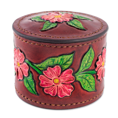 Caja decorativa de cuero - Caja decorativa de flores y hojas de cuero repujado pintado a mano
