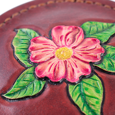 Caja decorativa de cuero - Caja decorativa de flores y hojas de cuero repujado pintado a mano