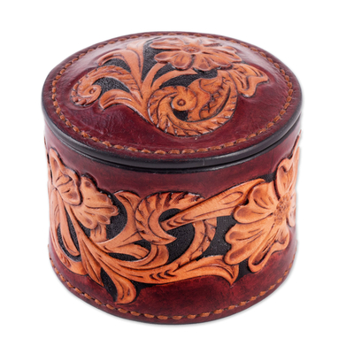 Leather decorative box, 'Delightful Garden' - Embossed Leather Decorative Box Hand-Painted in Uzbekistan