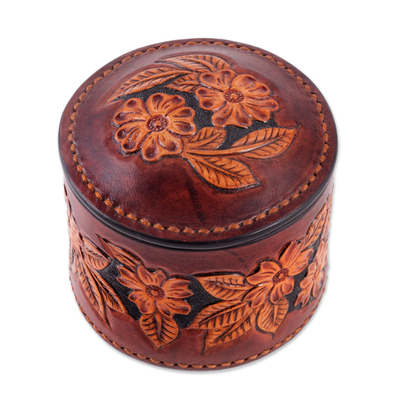 Caja decorativa de cuero - Caja decorativa floral de piel repujada pintada a mano
