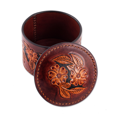 Caja decorativa de cuero - Caja decorativa floral de piel repujada pintada a mano