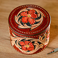 Leather decorative box, 'Floral Vibrancy' - Embossed Leather Decorative Box Hand-Painted Floral Motifs