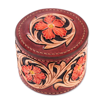 Leather decorative box, 'Floral Vibrancy' - Embossed Leather Decorative Box Hand-Painted Floral Motifs