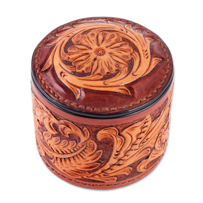 Leather decorative box, 'Splendid Foliage' - Uzbek Hand-Painted Embossed Leather Floral Decorative Box