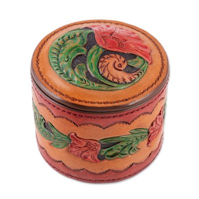 Leather decorative box, 'Exquisite Bouquet' - Embossed Leather Decorative Box with Hand-Painted Motifs