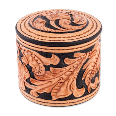 Leather decorative box, 'Chic Garden' - Hand-Painted Embossed Leather Decorative Box from Uzbekistan