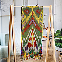 Cotton ikat scarf, 'Symphony of Colors' - Colorful Fringed Cotton Ikat Scarf Hand-Woven in Uzbekistan