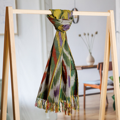 Cotton ikat scarf, 'Symphony of colours' - colourful Fringed Cotton Ikat Scarf Hand-Woven in Uzbekistan
