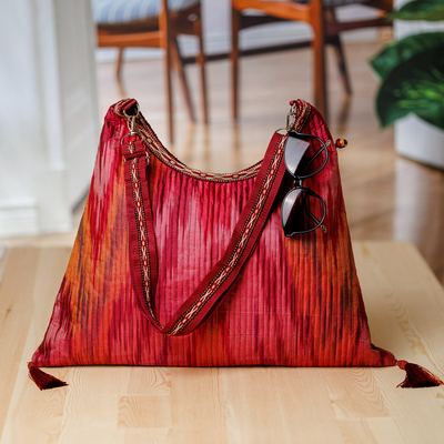 Cotton hobo bag,  'Fire Days' - Warm-Toned Ikat Patterned Cotton Hobo Bag with Tassels