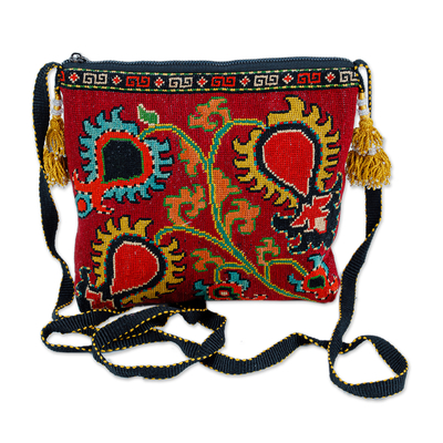 Silk embroidered handbag, 'Scarlet Symbols'  - Handmade Silk Embroidered Sling Handbag