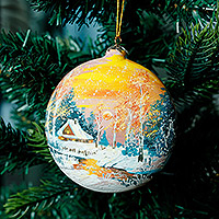 Handpainted ceramic ornament, 'Village Sunset' - Hand-Painted Ceramic Ornament Featuring a Winter Scene