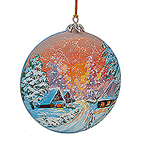 Handpainted ceramic ornament, 'Celebration in Town' - Hand-Painted Ceramic Ornament Featuring a Christmas Scene