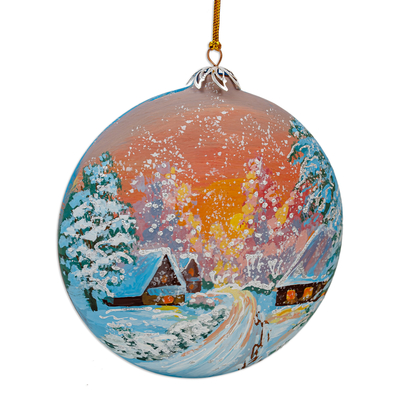 Handpainted ceramic ornament, 'Celebration in Town' - Hand-Painted Ceramic Ornament Featuring a Christmas Scene