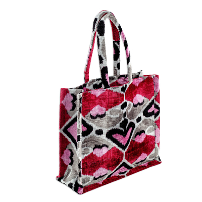 Silk velvet handle bag, 'Romantic Splendor' - Handcrafted Silk Velvet Handle Bag with Heart-Themed Pattern