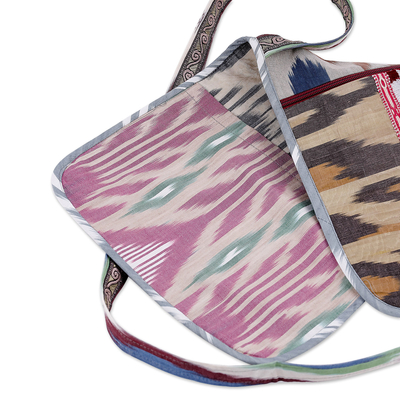Silk and velvet ikat sling, 'Wild Vitality' - Handcrafted Silk and Velvet Sling in Red and Green Hues