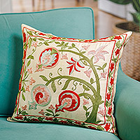 Suzani silk cushion cover, 'Sweet Omens' - Pomegranate-Themed Embroidered Silk Blend Cushion Cover