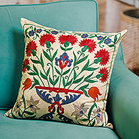 Hand embroidered silk cushion cover, 'Suzani Eden' - Classic Floral Embroidered Silk Blend Cushion Cover
