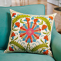 Embroidered silk blend cushion cover, 'Suzani Paradise' - Floral Suzani Embroidered Silk Blend Cushion Cover