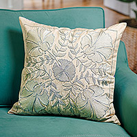 Hand embroidered silk cushion cover, 'Suzani Winter' - Floral Embroidered Blue and Beige Silk Blend Cushion Cover
