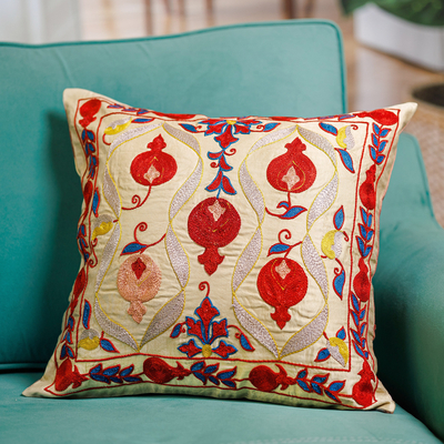 Hand embroidered silk cushion cover, 'Pomegranate Fortunes' - Embroidered Silk Blend Cushion Cover with Pomegranate Motifs