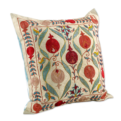 Hand embroidered silk cushion cover, 'Pomegranate Fortunes' - Embroidered Silk Blend Cushion Cover with Pomegranate Motifs