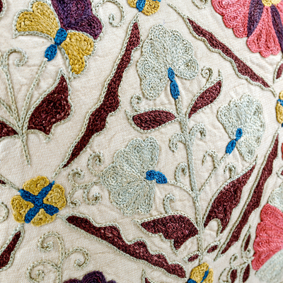 Funda de cojín de seda Suzani - Funda de cojín en mezcla de seda bordada con detalles florales