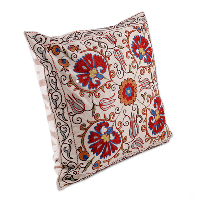 Embroidered silk and cotton cushion cover, 'Suzani Garden' - Floral Handcrafted Embroidered Silk and Cotton Cushion Cover