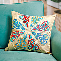 Suzani silk cushion cover, 'Enchanting Union' - Classic Embroidered Silk Blend Cushion Cover in Bright Hues